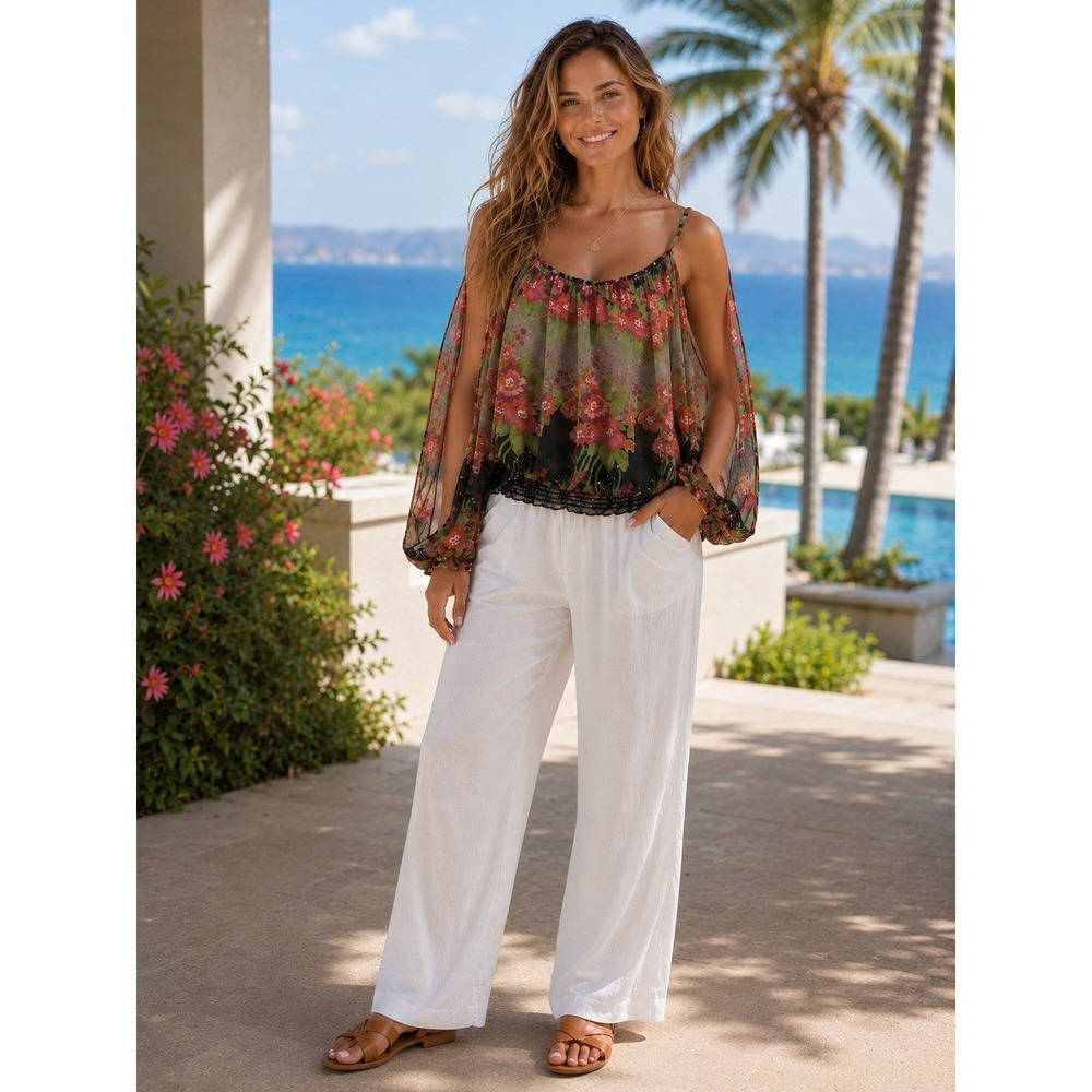 Angie Floral Cold Shoulder Top L Sheer Boho Peasant Top Resort Vacation PP22